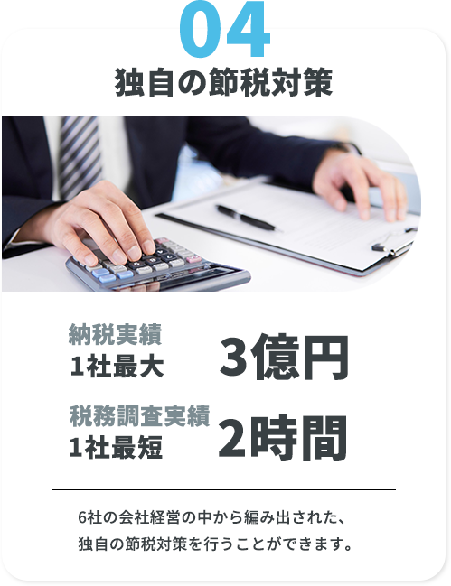 4　独自の節税対策　納税実績1社最大3億円　税務調査実績1社最短2時間