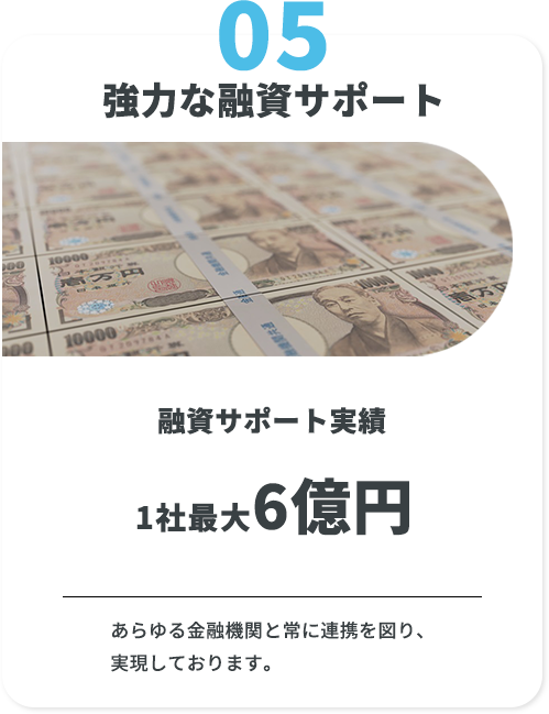 5　強力な融資サポート　融資サポート実績1社最大6億円